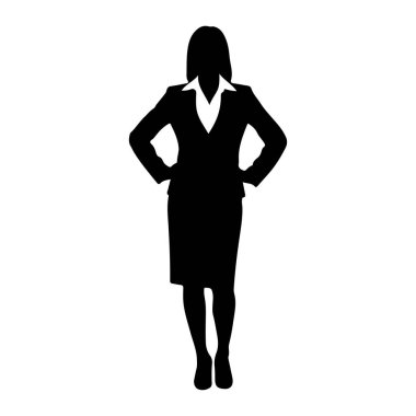 Elleri kalçasında duran siyah siluet bir kadın. Resmi bir iş elbisesi, ceket, etek ve beyaz yakalı bir gömlek giyiyor. Arkaplan düz beyaz.
