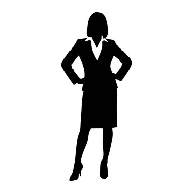 Takım elbiseli bir kadının siyah silueti elleri kalçasında duruyor. O görünür bir yaka ile bir ceket, etek ve bluz giyiyor. Bacakları görünür durumda ve yüksek topuklu giyiyor. Silüet beyaz bir sırtüstü izole edilmiş.