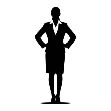 Elleri kalçasında duran siyah siluet bir kadın. Resmi bir iş elbisesi, ceket, etek ve yakalı bir gömlek giyiyor. Saçları at kuyruğu şeklinde geri çekiliyor. Siluet beyaz bir arkaplanda izole edilmiş..