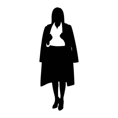 Beyaz arka planda duran siyah bir kadın silueti. Omuzlarının üzerine uzun bir palto, bir bluz ve bir etek giyiyor. Bacakları eteğin altında görünüyor ve yüksek topuklu ayakkabı giyiyor. Siluet temiz ve kirli.