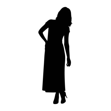 Beyaz arka planda duran siyah bir kadın silueti. Uzun, dalgalı bir elbise ve yüksek topuklu ayakkabılar giyiyor. Sol eli kalçasına yerleştirilmiş ve başı hafifçe aşağı eğilmiş. Siluet temiz ve keskin, D harfi yok
