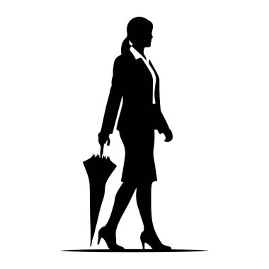 İş elbisesi giymiş siyah bir kadın silueti sağ elinde katlanmış bir şemsiye tutarak profilden yürüyor. Etek, ceket, bluz ve topuklu ayakkabı giyiyor. Siluet beyaz bir arkaplanda yalın.