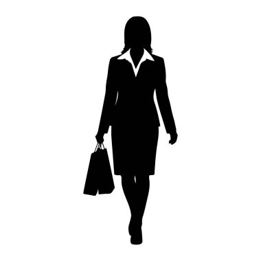 Sol elinde iki alışveriş torbası taşıyan bir kadının siyah silueti. O bir iş elbisesi ve yakalı bir gömlek giyiyor. Arkaplan beyaz.