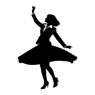 Geniş, dalgalı etekli takım elbiseli bir kadının siyah silueti dinamik bir dans pozuyla tasvir edilir. Sağ kolu kalkıyor, ve vücudu dönüyor, hareket ve enerji hissi yaratıyor. Siluet beyaz bir arkaplanda izole edilmiş..