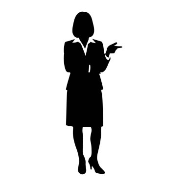 Ayakta duran ve sağ eliyle hareket eden siyah bir kadın silueti. O bir ceket, etek ve görünür bir yaka ile bluz içeren resmi bir takım elbise giyiyor. Sol kolu önünde çaprazlanmış. Siluet beyaz bir torba üzerinde izole edilmiş.