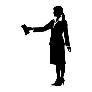 Profesyonel takım elbiseli bir kadının siyah silueti beyaz bir arkaplanda duruyor. O bir etek, gevrek yakalı bir bluz ve bir ceket giyiyor. Sağ kolu uzatılmış ve elinde bir kağıt parçası ya da bir belge tutuyor. Onun. 