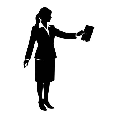 Takım elbiseli bir kadının siyah silueti sağa bakıyor. O bir ceket, etek ve yakalı bluz giyer. Sağ kolu genişlemiş, elinde dikdörtgen bir belge var. Sol kolu gevşek bir şekilde yanında duruyor. Siluet beyaz sırtında.
