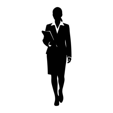 Elinde klasör tutan takım elbiseli bir kadının siyah silueti. Tepeden tırnağa bembeyaz bir zemin üzerinde durarak tasvir edilir. Takım elbise bir ceket ve bir etek içeriyor ve profesyonel bir duruşla yürüyor ya da ayakta duruyor gibi görünüyor..