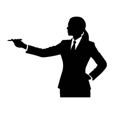 Beyaz arka planda, takım elbiseli ve kravatlı siyah bir kadın silueti tasvir ediliyor. O, sağ elinde bir kalem tutuyor, sanki işaret etmek ya da yazmak için ileri uzanıyor. Sol eli kalçasına yerleştirilmiş. Siluet açıkça onu tanımlıyor. 