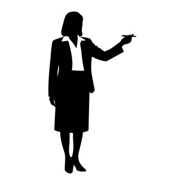 Siyah bir kadın silueti, sağ elinde bir kalem tutarak sanki yazıyormuş ya da işaret ediyormuş gibi sola dönük duruyor. Resmi bir iş elbisesi, ceket, etek ve yakalı bir gömlek giyer. Arkaplan düz beyaz.