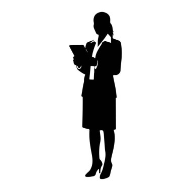 Elinde tablet tutan siyah bir kadın silueti. Resmi bir takım elbise, ceket, etek ve yakalı bir bluz giyiyor. Saçları geriye doğru çekilmiş ve tablete bakıyor ya da onunla etkileşime geçiyor gibi görünüyor..