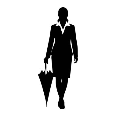 Siyah bir kadın silueti beyaz bir arkaplanda duruyor. Resmi bir iş elbisesi, yakalı bir gömlek ve etek giyiyor. Sağ elinde kapalı bir şemsiye tutuyor. Siluet temiz ve keskin, profesyonelliği vurguluyor. 