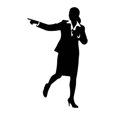 Beyaz bir arkaplanda iş elbisesi içindeki siyah bir kadın silueti tasvir ediliyor. O, bir bacağı hafifçe öne doğru ayakta duruyor ve sol kolu işaret parmağıyla uzanıyor. Sağ eli göğsüne yakın. Takım elbise...