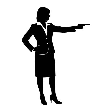 Takım elbiseli bir kadının siyah silueti sol tarafa bakıyor, sağ kolu ileri doğru uzanıyor, kalemle işaret ediyor. Yakalı ve düğmeli bir ceket, yakalı bir bluz, diz boyu bir etek ve yüksek topuklu ayakkabılar giyer. Sol eli...
