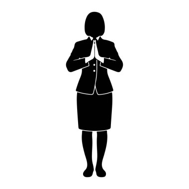 Siyah bir siluet kadın yüzü öne bakıyor, resmi bir takım elbise ve etek giyiyor. Elleri göğsünün önünde birbirine kenetlenir dua etmek ya da selamlamak için. Arkaplan düz beyaz.