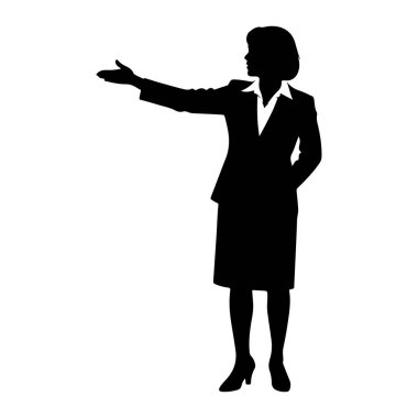 Takım elbiseli bir kadının siyah silueti sol kolu açık ve açık duruyor, sanki bir şey sunuyor ya da işaret ediyor gibi. O bir ceket, yakalı gömlek ve bir eli cebinde bir etek giyiyor. Siluet beyaz arka planda..