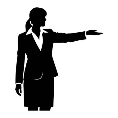 Resmi bir iş elbisesi giymiş bir kadının siyah silueti sağ kolu açık ve avuç içi açık duruyor, sanki sunum veya jest yapıyormuş gibi. Ceket ve etek giyiyor, altında yakalı bir gömlek var. Saçları at kuyruğu gibi geriliyor.