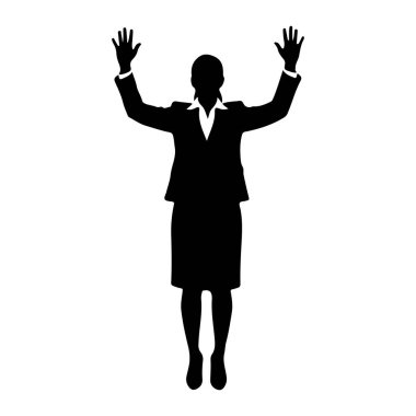 Takım elbiseli bir kadının siyah silueti kollarını kaldırmış ve avuçlarını beyaz bir zemine açmış duruyor. O bir ceket, etek ve yakalı bir gömlek giyiyor..