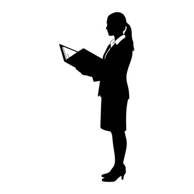 Ayakta duran ve açık bir kitap ya da belge okuyan bir kadının siyah silueti. O, yakalı gömlekli, etekli ve yüksek topuklu bir iş elbisesi giyiyor. Arkaplan düz beyaz.