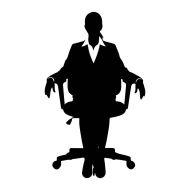 Takım elbiseli ve ofis sandalyesinde oturan siyah bir kadın silueti. O, elleri sandalyenin kollarında dinlenerek ileriye bakıyor. Arka plan bembeyaz..