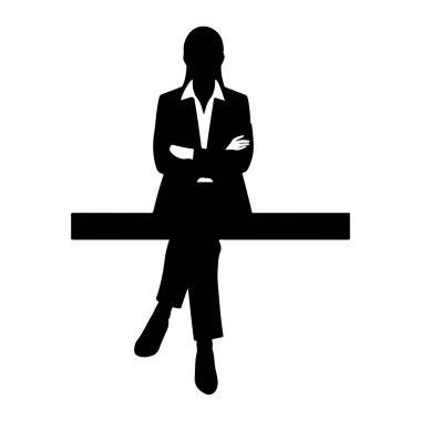 Takım elbiseli ve beyaz yakalı gömlekli bir kadının siyah silueti kollarını kavuşturarak otururken resmedildi. Bacakları ayak bileklerinden çaprazlanmış yatay siyah bir çubuğun üzerinde duruyor. Arkaplan beyaz.