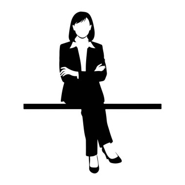 Takım elbiseli ve topuklu ayakkabı giyen bir kadının siyah silueti kollarını kavuşturarak otururken resmedilir. Kısa saçları var ve beyaz bir arka plana karşı yatay bir yüzeyde duruyor. Görüntü minimalist bir grafik gösterimidir..