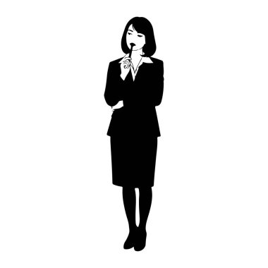 İş elbisesi giymiş siyah beyaz bir kadın kolu çaprazlanmış ve ağzına kalem tutulmuş, derin düşüncelere dalmış gibi görünüyor. Onun kısa saçı yüzünü çerçeveler ve o ceketinin altına yakalı bir gömlek giyer. Görüntü isola.