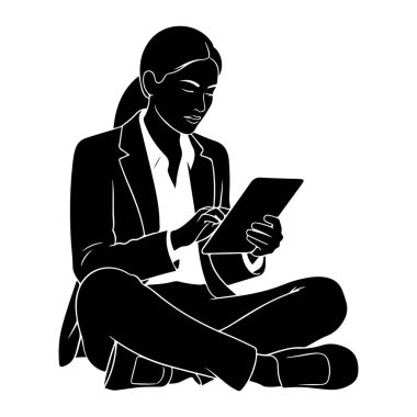 Siyah siluet bir kadın takım elbise giyiyor ve tablet cihazına bakıp etkileşime geçerken bacak bacak üstüne atıyor. Gözleri kapalı. Konsantrasyon ya da tefekkür olduğunu gösteriyor. Görüntü, beyaz çizgili, temiz ve grafik bir resimdir.