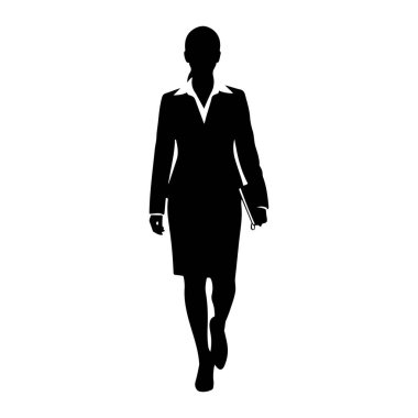 Beyaz bir arkaplanda iş elbisesi içindeki siyah bir kadın silueti tasvir ediliyor. O, yakalı bir gömlek, bir etek ve topuklu ayakkabı üzerine bir ceket giyiyor. Kadın ileri yürüyor ve sağ elinde bir klasör tutuyor..