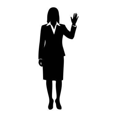 İş elbisesi giymiş siyah bir kadın silueti öne bakıyor. Altında yakalı bir gömlek ve etek olan bir ceket giyiyor. Sağ eli, avuç içi öne bakacak şekilde el sallıyor. Siluet bir W üzerinde izole edilir.