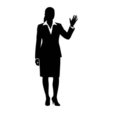 Sağ eliyle ayakta duran ve el sallayan siyah bir kadın silueti. O, yüksek topuklu bir ceket, etek ve yakalı bluzdan oluşan resmi bir iş elbisesi giyiyor. Siluet beyaz bir arkaplanda izole edilmiş..