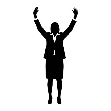 Kollarını başının üstüne kaldırmış siyah bir kadın silueti. O, altında görünür bir yaka ve gömlek bulunan bir ceket ve etekten oluşan resmi bir takım elbise giyiyor. Siluet sade beyaz bir arkaplanda izole edilmiştir.