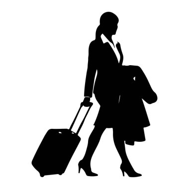 Siyah bir siluet, takım elbiseli bir kadın valizini çekerken ve omuzunda bir palto taşırken yürüyor. Bu figür, kadının ve aksesuarlarının ana hatlarını ve biçimlerini vurgulayan düz beyaz bir arkaplanda resmedilmiştir..