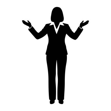 Dik duran siyah bir kadın silueti. Ceketi ve pantolonu olan resmi bir iş elbisesi giyiyor. Kolları dışa doğru ve hafifçe yukarı doğru uzanıyor, avuçları yukarı doğru bakıyor, açık ve sorgulayıcı bir jest olarak,