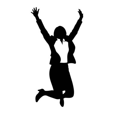 Resmi iş kıyafeti giymiş bir kadının siyah silueti, kollarını kaldırıp kutlama yaparken havada zıplarken yakalanır. Beyaz bir bluz, siyah bir ceket, siyah bir etek ve yüksek topuklu ayakkabı giyer. Görüntü beyaz arkaplanda izole edildi, iletin