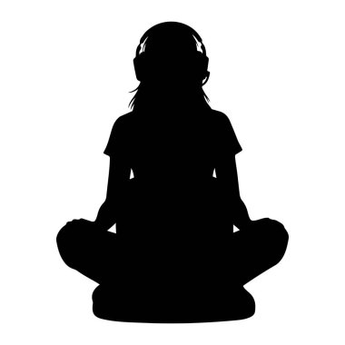 Kulaklıkla lotus pozisyonunda oturan siyah bir siluet. Elleri dizlerinin üzerinde uzanmış bir şekil öne bakıyor. Arka plan bembeyaz..