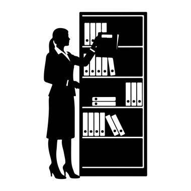 Yüksek topuklu ayakkabılar da dahil olmak üzere profesyonel kıyafetli bir kadının siyah silueti uzun, çok raflı bir kitaplığın yanında duruyor. Raflardan birine bir dosya klasörü yerleştirmek için uzanıyor. Kitaplık beyaz klasörler ve bazı istiflenmiş dosyalarla dolu.