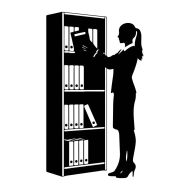 Takım elbise ve etek de dahil olmak üzere profesyonel kıyafetli bir kadının siyah silueti uzun, çok raflı bir kitaplığın yanında duruyor. Üst raflardan birinde bir klasöre uzanıyor, bilgi topluyor ya da düzenliyor gibi görünüyor. Kitap.