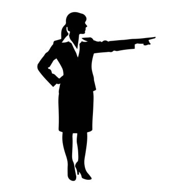Profesyonel iş kıyafeti giymiş siyah bir kadın silueti sol eli kalçasında ve sağ kolu uzanıp işaret parmağını sağa doğru uzatıyor. Takım elbise, etek, yakalı bluz ve yüksek topuklu ayakkabı giyiyor. Siluet