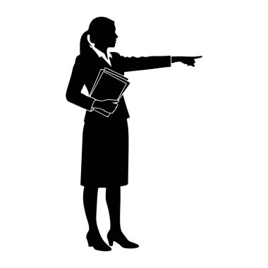 İş elbisesi giymiş siyah bir kadın silueti, sağ kolu açık ve işaret parmağı önde, sola dönük duruyor. Sol kolunda bir yığın belge tutuyor. Siluet beyaz arka planda..