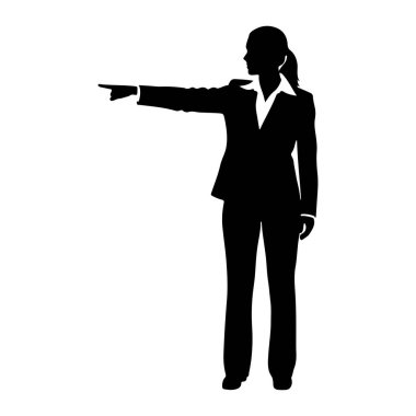 Takım elbiseli bir kadının siyah silueti ayakta ve işaret parmağını sola doğru gösteriyor. O bir ceket, yakalı gömlek ve pantolon giyiyor. Saçları at kuyruğu şeklinde geri çekiliyor. Siluet beyaz bir arkaplanda izole edilmiş..
