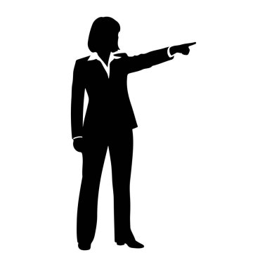 Takım elbiseli bir kadının siyah silueti beyaz bir arkaplanda duruyor. Sola bakıyor ve sağ işaret parmağını öne doğru gösteriyor, bir yön veya komuta hareketi yapıyor. Saçları kısa ve şekilli.