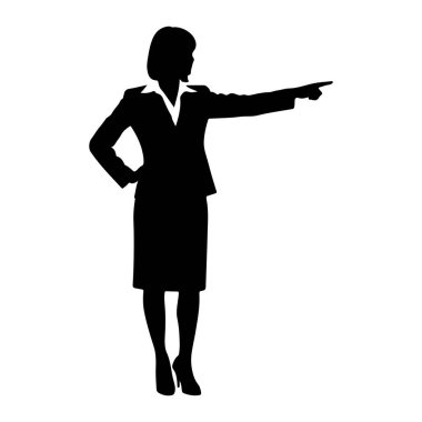 Takım elbiseli ve etekli siyah bir kadın silueti bir eli kalçasında diğer eli de önde duruyor. Yüksek topuklu ayakkabı ve yakalı bir bluz giyiyor. Resim beyaz bir arkaplanda izole edilmiştir.