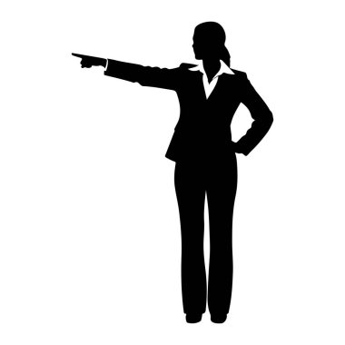 Takım elbiseli bir kadının siyah silueti sol kolu açık duruyor ve işaret parmağıyla öne bakıyor. Sağ eli kalçasına yerleştirilmiş. O, ceketinin altına yakalı bir gömlek giyer. Siluet, düz bir beyaz üzerine kurulmuş. 