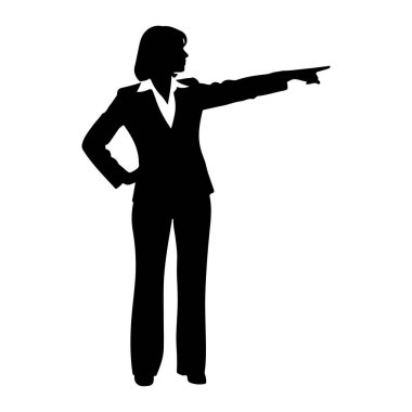 Takım elbiseli bir kadının siyah silueti bir eli kalçasında diğeriyse işaret parmağıyla öne doğru duruyor. Çerçevenin soluna bakıyor. Arka plan bembeyaz..