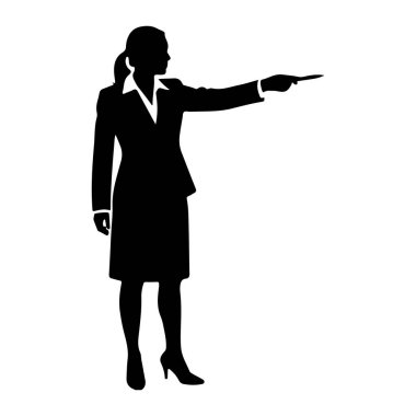 Takım elbiseli bir kadının siyah silueti sol tarafa bakıyor, sağ kolu açık ve ileri bakıyor. O bir ceket, etek ve yüksek topuklu ayakkabı giyiyor. Arka plan bembeyaz..