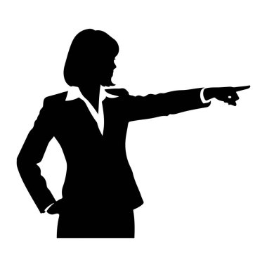 Yandan takım elbiseli ve yakalı gömlekli bir kadının siyah silueti gösteriliyor. Sağ işaret parmağını öne ve sağa doğru gösteriyor, sol eli kalçasında. Arkaplan beyaz.