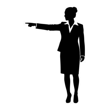 İş elbisesi giymiş bir kadının siyah silueti belden yukarısı, sol kolu açık ve işaret parmağı solu işaret ediyor. O yakalı bir gömlek ve bir ceket giyiyor, saçları topuz şeklinde. Arkaplan düz beyaz.