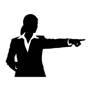 Beyaz arka planda, ceketi ve yakalı gömleği de dahil olmak üzere profesyonel kıyafetli bir kadının siyah silueti tasvir ediliyor. Göğsünden yukarısına, sol eli kalçasında dinleniyor ve sağ kolu ileri doğru genişliyor.