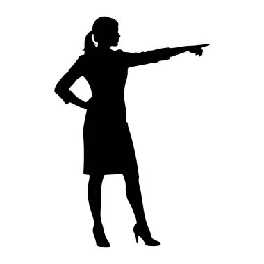 Bir eli kalçasında, diğer kolu da uzamış, işaret parmağıyla öne doğru uzanan siyah bir kadın silueti. O, bir elbise ve yüksek topuklu ayakkabı da dahil olmak üzere resmi kıyafet giyiyor. Siluet beyaz bir arkaplanda izole edilmiş..